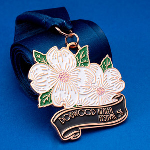 Dogwood Azalea Festival 5K soft enamel medal with a navy ribbon