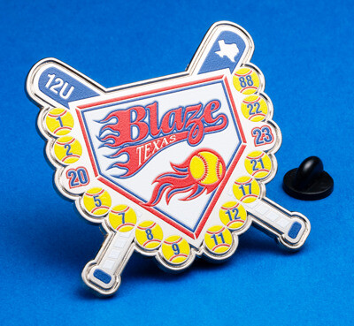 Texas Blaze softball trading pin with crossed bats and numbered softballs